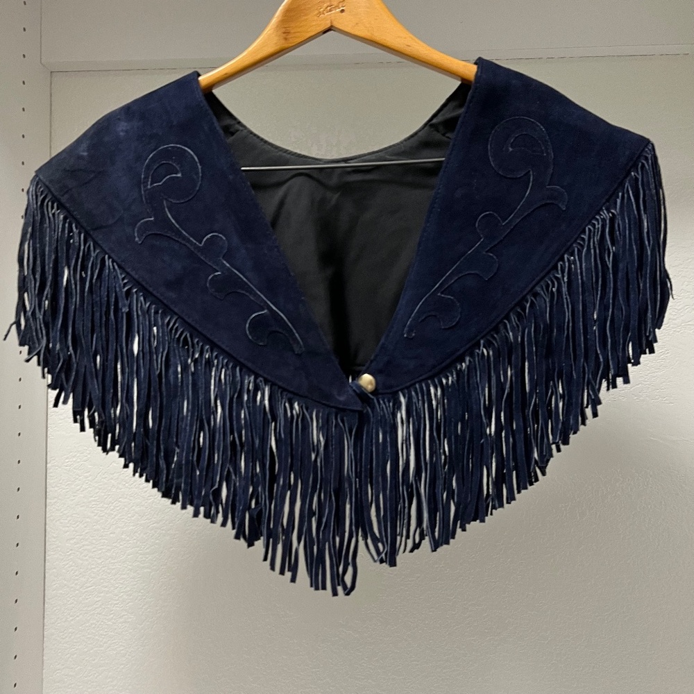 Vintage Suede Leather Navy Blue Filigrees Pattern Fringe Collar Made In Mexico